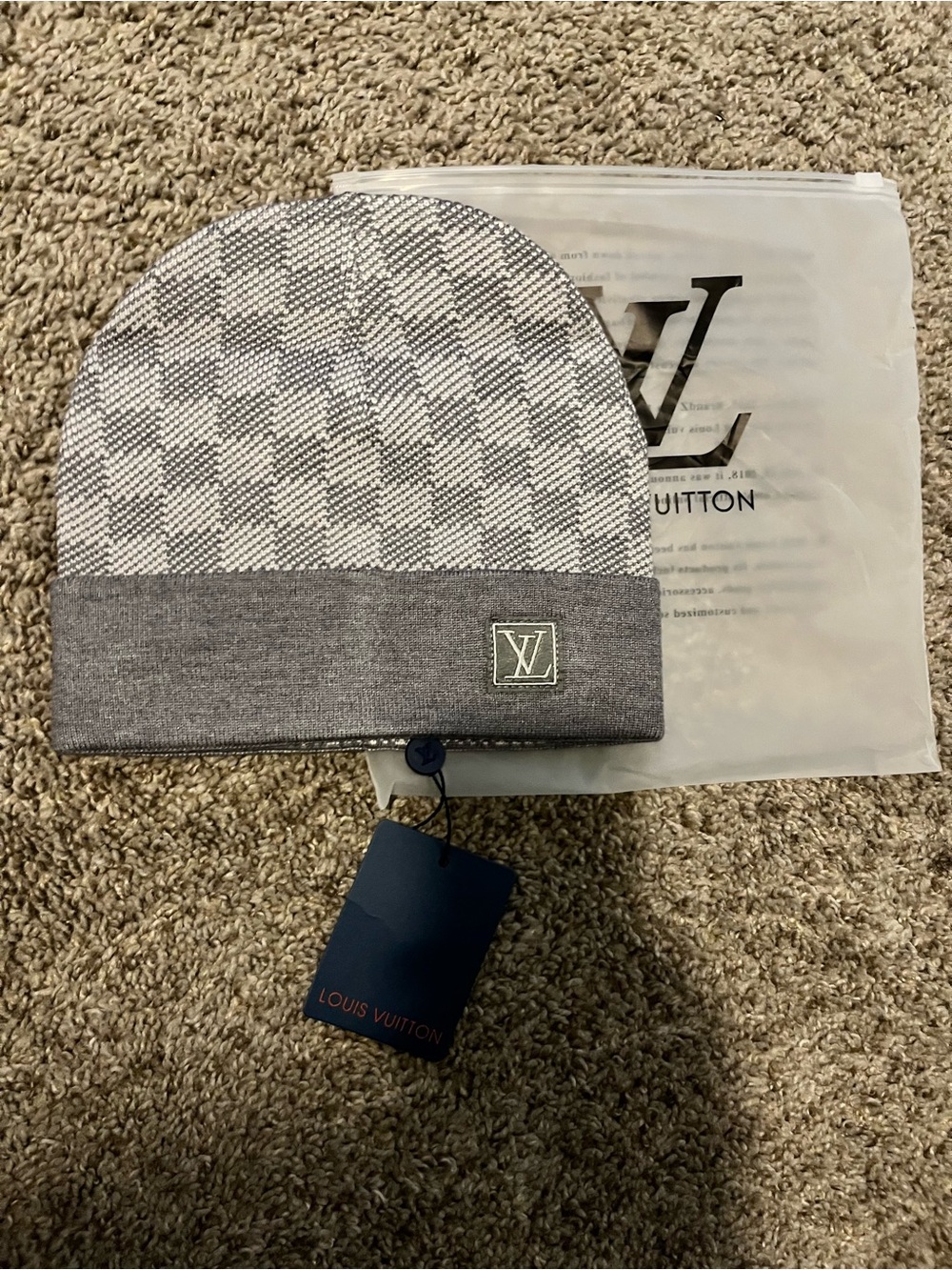 Louis Vuitton Gray Check Cuff Beanie